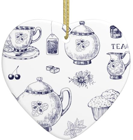 Hand Drawn Teapots And Cups Print New Ceramic Hanging Heart Christmas Tree Decoration Bauble