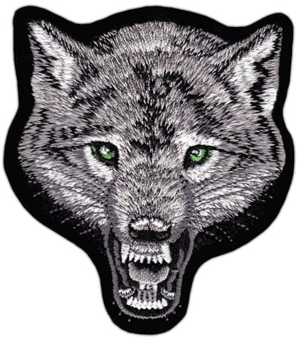 Wolf Kopf Grau mit Grüne Augen Aufnäher zum aufbügeln oder aufnähen Bügelbild Aufbügler für Kleidung gestickter Bügelpatch Applikation Biker Patch Größe 9,3 x 10,2 cm