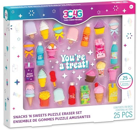 Make It Real 3C4G: Snacks 'N Sweets Puzzle-Radiergummi-Set – 25 lebensmittelförmige Puzzle-Radiergummis, auseinanderziehen und wieder zusammenstecken, drei Prost für Mädchen, Kinder ab 8 Jahren