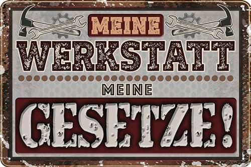 LUCKYLINDE Blechschild für WERKSTATT und GARAGE – lustiger Spruch, Werkstattregeln, Handwerker und Schrauber Deko Schild, 20x30cm (Meine Werkstatt, meine Gesetze)