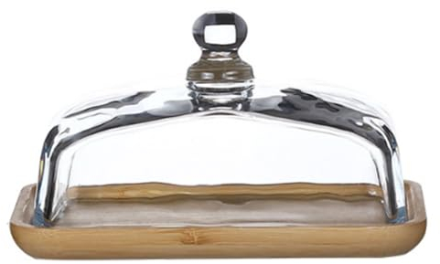 Misamo Beurrier en Bambou avec Couvercle en Verre - Plateau à Beurre Transparent pour Réfrigérateur et Comptoir pour Beurre, Bloc de Fromage à la Crème et Service