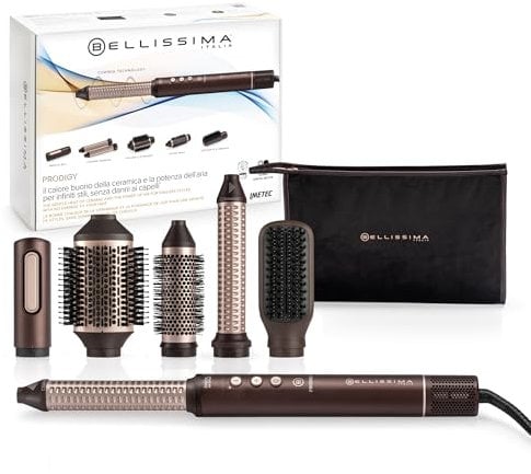 Bellissima Prodigy, moldeador de aire caliente, tecnología Ion-Ceramic, tecnología Coanda, motor digital, control de calor, filtro autolimpiante, 3 temperaturas, 1200 W, 6 accesorios