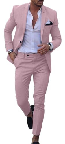 Oanviso Abito da Uomo 2 Pezzi Abito da Lavoro Monopetto e Pantaloni Due Pezzi Set Abito a Maniche Lunghe in Tinta Unita Casual Business Sets Abito Completo alla Moda e Versatile A Rosa XXL