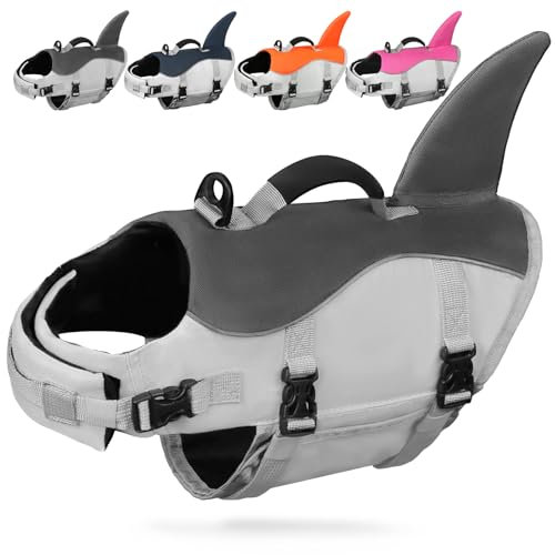 AMZNOVA Shark Hundeschwimmweste, Schwimmweste with Flossen & Haiflosse, Rettungsweste Hund für Bootfahren, Schwimmhilfe & Leichte, XS, Grau