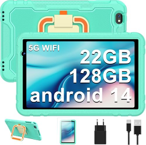 Kinder Tablet 10 Zoll Android 14, 5G WiFi | 22GB+128GB (1TB TF) | Elterliche Kontrolle | 8000 mAh | Octa-Core | 5MP+8MP | mit Kindgerechte Hülle EVA Schutzhülle + 360° drehbarer Bügel -Hellgrün