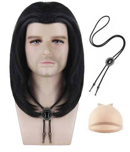 Vincent Vega Perücke Herren Perücke Schwarz Kurze für Männer mit Halskette 70er Perücke Halloween Fasching Kostümparty Wig AL092