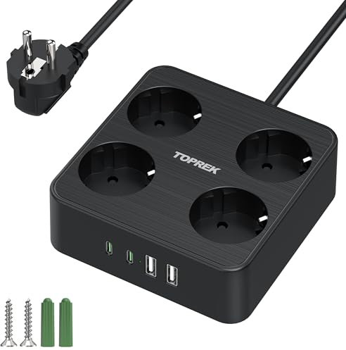 Steckdosenleiste 4 Fach, TOPREK 4000W 16A Mehrfachsteckdose mit USB, 2 USB-A und 2 USB-C Verteilersteckdose mit Schalter, Wandmontage Steckerleiste mit 2M Kabel, Überspannungsschutz