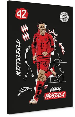 K&L Wall Art FC Bayern München Leinwandbild FCB Logo auf Leinwand Fußball Bundesliga Wandbild in Holzrahmen- Offizielles Lizenzprodukt (Jamal Musiala, 50x75 cm)