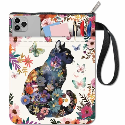 CRASPIRE Copertina per Libro con Fiori e Gatti in Tessuto Lavabile Motivo Floreale con Farfalle e Gatti Stampata con Tasca Extra per Libri di Testo Natale Compagni di Classe Donne Lettrici