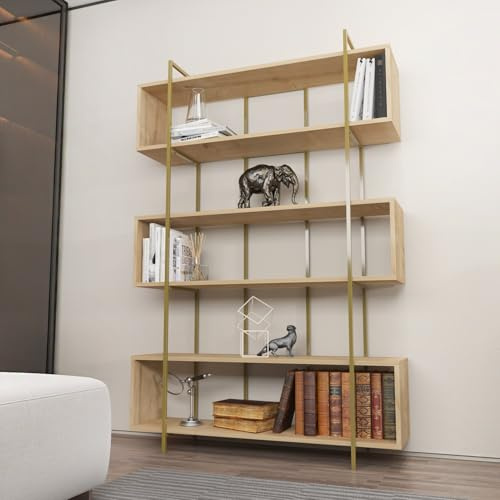 Elegant Oak & Gold Bookshelf, 120 x 180 x 29.6 cm | 100% Melamine Coated Particle Board, 18 mm Thick | Stylish Storage for Modern Home & Office