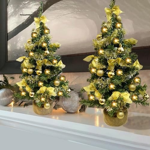 60cm Pre Lit Artificial Mini Christmas Tree with Lights and Decorations - 2Ft. Indoor Battery Operated LED Decorated Green Xmas Tree- Hessian Style Base (60cm) (Green and Gold)