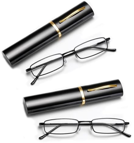 HhBdy 2 Pairs Reading Glasses Metal Frame Unisex Resin Lenses Light Glasses Fashion Glasses with Portable Pen Clip Case Suitable for Daily Life Reading Handicrafts(Black,2.50)