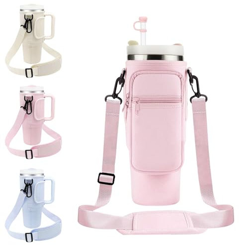 EOAMGO Stanley Cup Bag 40oz, Water Bottle Bag with Phone Pocket & Adjustable Shoulder Strap, Stanley Cup Holder with Straw Cover for Walking Travel (Pink, 40oz)