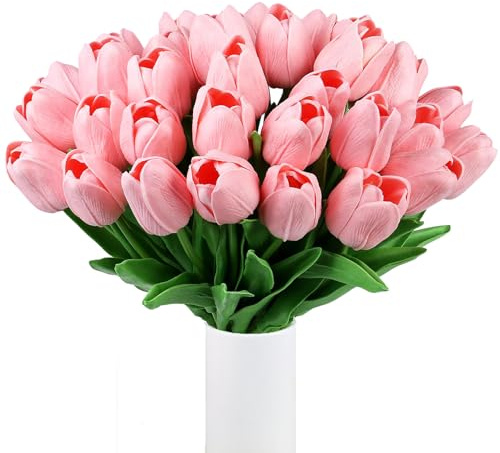 XIANNVXI 15 Stück Rosa Tulpen Künstlich wie Echt Real Touch Latex Künstliche Tulpen Rosa Fake Kunstblumen Blumensträuße Tulpe Blumen Arrangement für Muttertag Hochzeitsstrauß Party Dekor