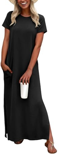 QIXING Damen Strick-Optik Maxikleid fur Kurzarm - Basic Style mit Seitensplit, Taschen & Faltenfrei Sommerkleid für Urlaub & Reise