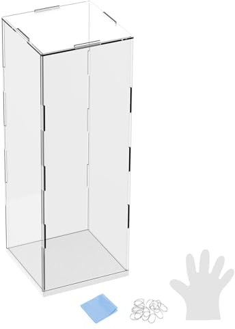 M METERXITY 1-Pack Acrylic Display Case 3.9x3.9x11.8in Clear White | Acrylic Clear Display Case Box with Black Wooden Base, for Collectibles, Dustproof Showcase