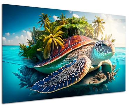 DECLINA, L’Île Vagabonde, tableau sur verre acrylique, art animalier tortue, décoration murale exotique pour salon ou chambre