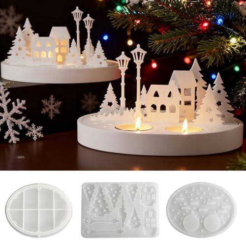 Silikonformen Gießformen Weihnachten Häuser, 3 Stück Silikonform Haus für Kerzenhalter, Häuser mit Rundem Sockel, Kerzenhalter Gießform Haus, silikonform weihnachten
