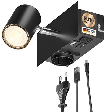 ledscom.de Wandspot WAIKA, 1-flammig, schwarz, Steckdose, USB-C, USB-A, inkl. LED GU10 Lampe 410lm, 45°, warmweiß