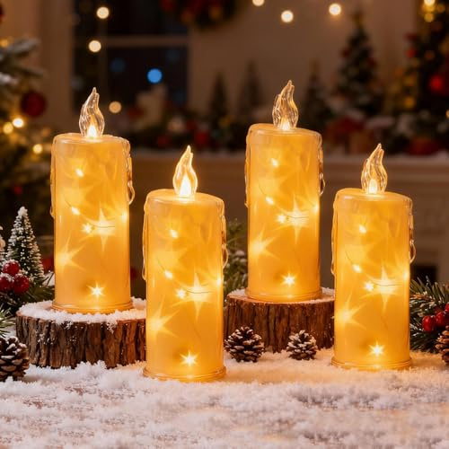 4 Stück Weihnachtsdeko LED Kerzen, Romantische Kristall Adventskerzen, LED Stumpenkerzen, Flackernde Flammenlose Kerze, Elektrische Kerzen Batteriebetrieben für Weihnachtsdeko Innen, Tischdeko