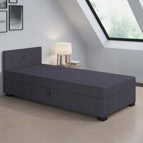 TAPCZANY24 - Boxspringbett Lola 120x200 cm mit Schaumstoff Matratze | Bett mit Matratze, Polsterbett mit Bettkasten, Gepolstertes Einzel Bett, Schlafsofa - Dunkelgrau
