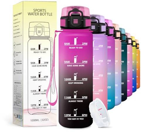 JAPORIA Sportflasche 1L, Trinkflasche mit Zeitmarkierung, Wasserflasche Sport mit Filte, Kohlensäure Geeignet, Auslaufsichere, für Sprudel, Fahrrad, Laufen