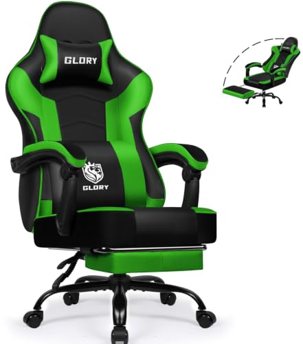 minnouat Gaming Stuhl Ergonomischer mit Fußstütze, Gaming Chair Bürostuhl 150 kg Belastbarkeit, Gamer Stuhl aus Kunstleder, Höhenverstellbarer PC Zockerstuhl für Jugendliche Erwachsene, Grün
