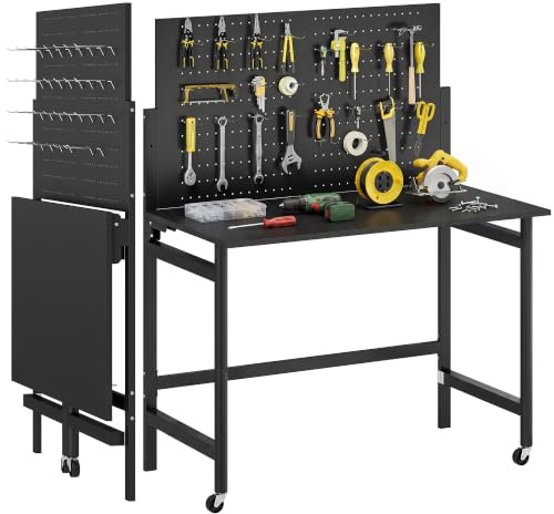 HOMCOM Banco da Lavoro Pieghevole 9cm con Pannello Forato e 30 Ganci Nero | Tavolo da Lavoro, Ruote, Piano Spesso in Legno, Struttura in Acciaio, Portata 120kg, Garage Officina Casa, 115x62x143.5cm