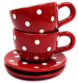 UNGARNIKAT - Keramik Kaffeetassen mit Untertassen 2er Set – Rot mit handbemalten weißen Punkten – 150 ml Espressotassen im Landhausstil – Spülmaschinenfest & mikrowellengeeignet – Handgemacht