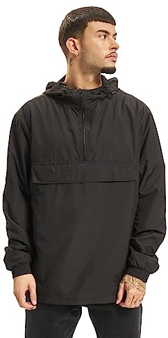 URBAN CLASSICS Veste Coupe-Vent de Mi-Saison pour Homme, Poche Kangourou, Poignets Élastiques, Capuche et Taille à Cordons, Col Zippé, 100% Polyester, Noir, Taille 4XL