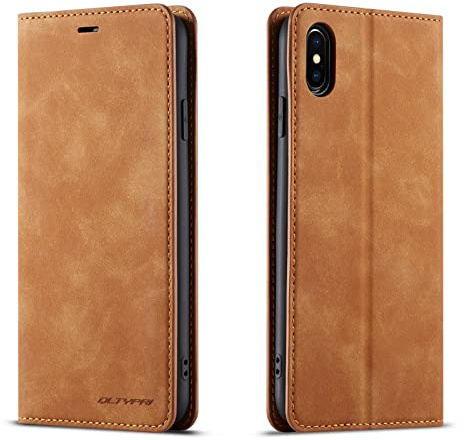 QLTYPRI Case for iPhone XS Max, Premium PU Leather Cover TPU Bumper with Card Holder Kickstand Hidden Magnetic Adsorption Flip Wallet Case Cover for iPhone XS Max - Brown