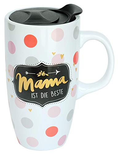 Die Geschenkewelt 45574 Becher to go Mama ist die Beste, mit Deckel, Steingut Tasse mit Henkel, 50 cl