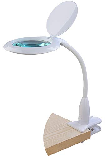 SEMPLIX LED Lupen-Tischleuchte mit Tischklemme, 60 weisse LEDs, weiß, Große Echtglas Lupe (127 mm, 3 Dioptrien), 4-fach Dimmbar