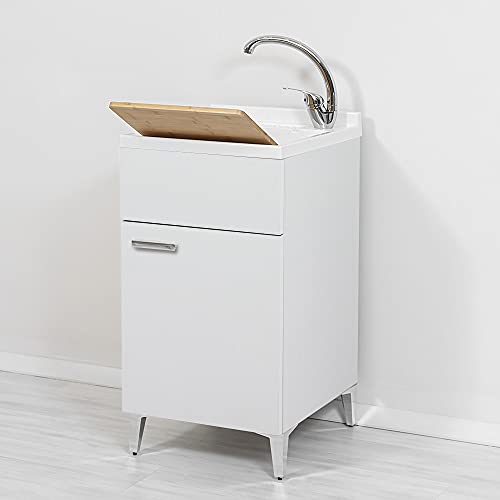 Mobile lavatoio salvaspazio 45x50, 1 Anta con Vasca in Resina, Completo di ASSE lavapanni e Kit di Scarico