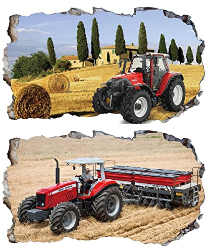 2Pcs Wandtattoo Traktor Trecker Rot Mähdrescher 3D Effekt XXL Farm Feld Landwirtschaft Wandaufkleber Fenster Selbstklebend für Junge Kinderzimmer Groß 1000mmx600mm