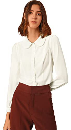 Allegra K Camisa de manga larga con cuello Peter Pan para mujer, blusa de gasa con lazo, cuello con botones, blanco, 32