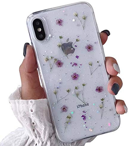 Tybiky iPhone 11 Case iPhone 11 Mobile Phone Case Dried Flowers Crystal Gel Protective Case Flower Bumper Ultra Thin Cover Shell Case for iPhone 11 Little Purple Flower