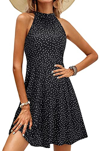 OUGES Sommerkleid Damen Knielang Neckholder Kleid Sommer Blumenmuster Elegant Cocktailkleid