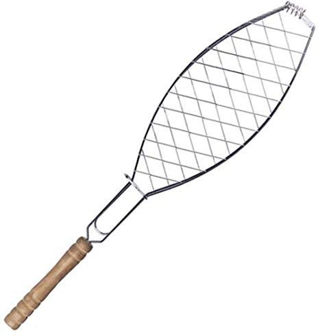 Bricoloco - Barbecue Grill in acciaio inox speciale per pesce, griglie per carbone, legna, brace e camino, 55 x 12 cm, manico in legno di qualità