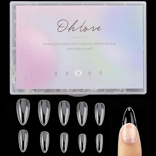 Ohlove Almond Fake Nail Tips - 500PCS Medium Almond Shaped Clear Acrylic Nails Full Cover Press on Nails for DIY Nail Art, 10 Sizes