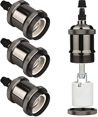 Zevnico E27 Lamp Holder, 4 Pcs E27 Bulb Holder, Gloss Black Vintage Socket Light Bulb Holder, Ceramic Rated 4A 250V, for DIY Pendant Lamp Ceiling Hanging Light Retro Edison Screw Bulb Holder Adaptor