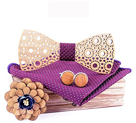 HZQIFEI Noeud Papillon Bois, Ensemble 4 Pièces Noeud Papillon en Bois + Boutons de manchette + Broche + Carré de Poche, Accessoire Mode (Style#09)