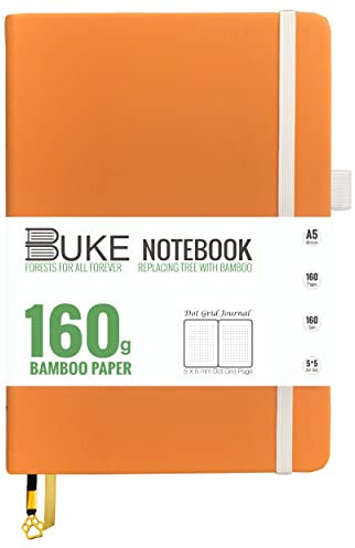 Dot Grid Notebook Dotted Journal By BUKE - 160GSM Ultra Thick Bamboo Paper - Vegan Leather Hardcover - Medium A5 Size - Perfect 5x5mm DOT-GRID 160 Pages (Brown)