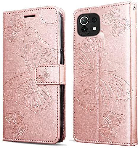 DENDICO Cover per Xiaomi Mi 11 Lite 4G / 5G, Portafoglio Custodia in PU Pelle per Xiaomi Mi 11 Lite 4G / 5G, Antiurto Cover a Libro con Slot per Carte, Oro Rosa