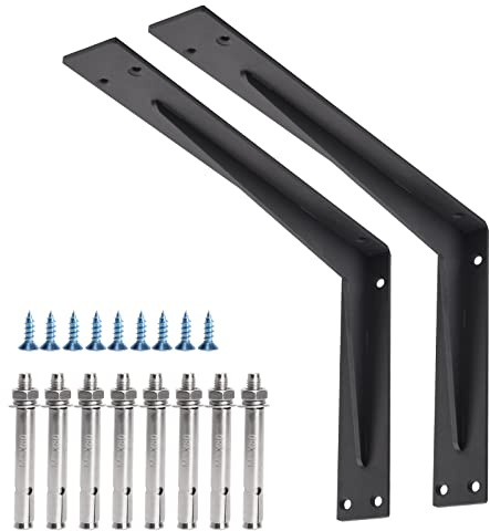YUMORE Countertop Support Brackets 400x250x50 mm L Brace 5mm Thick Black | Heavy Duty L Shelf Bracket Metal Countertop Bar Top Support Solid Shelving Brackets Wall Mounted, 2Pcs, with Hardware