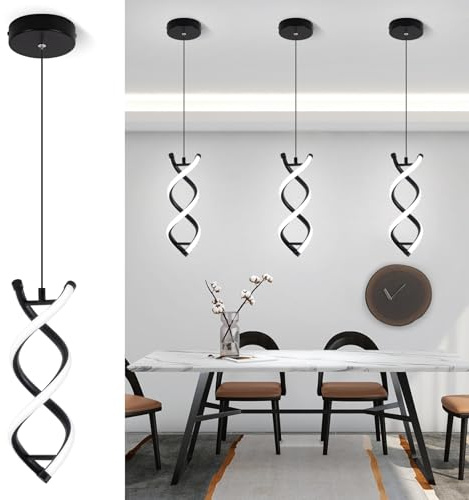 CANEOE Spiral Led Pendant Light Fixture,15W 6000K Modern Integrated LED Hanging Lamp, Adjustable Height Black Kitchen Island Light Fixture for Dining Room Bedroom Kitchen Sink, 1 Pack (Black)