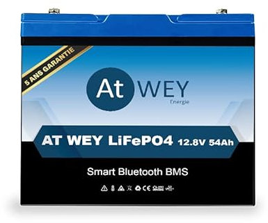 at WEY Batterie Nouvelle génération Lithium Lifepo4 54Ah 12V Rechargeable avec BMS Connecté pour Energie Solaire, Déch. Profonde Supérieur à 4000 Fois Système/Marine/Solaire/Camping-Car/Bateau