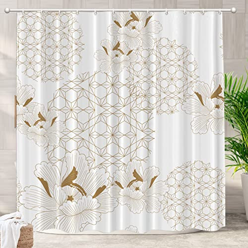 Batmerry Rideau de Douche décoratif à Motif Chinois, Motif Floral Japonais doré, décoration de Salle de Bain, Fibre de Polyester, Anneaux en Plastique à séchage Rapide, imperméable pour