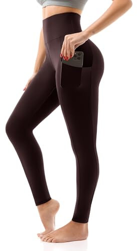 SINOPHANT Sport Leggings Damen mit Taschen, High Waist Sportleggins Lang Blickdicht Laufhose Fitnesshose Sporthose Yogahose für Yoga Sport(#1er Pack Braun Seitentasche,S-M)
