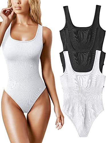AIDEUX Body de 3 piezas sin mangas para mujer, camiseta de tirantes con cuello cuadrado, mono adelgazante acanalado, sexy y sin costuras